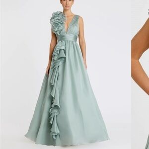 Mac Duggal Green Asymmetrical Ruffled One Shoulder Gown